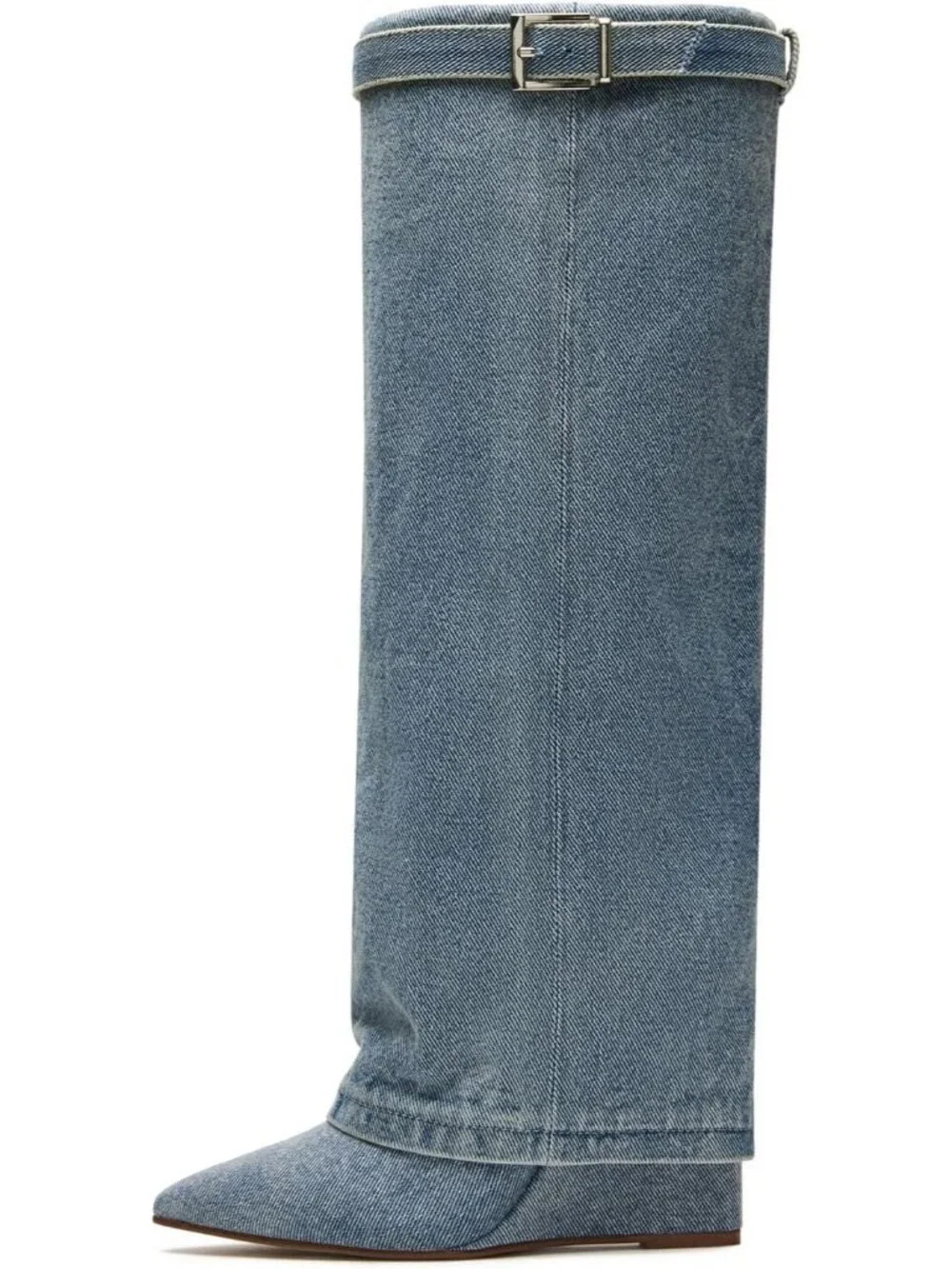 Women's Denim Fold Over Wide Calf Wedge Heel Knee High With Decorative Lock Boot